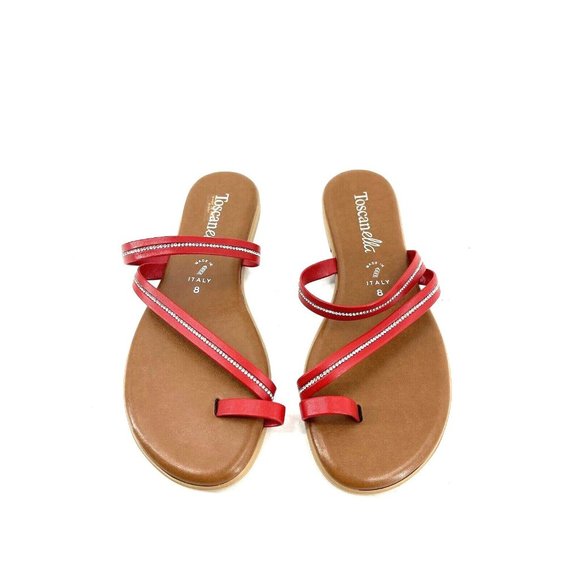 Toscanella Shoes - Toscanella Giddy Red Rhinestone Slip On Strap Sandal Flats Women's US Size 8M